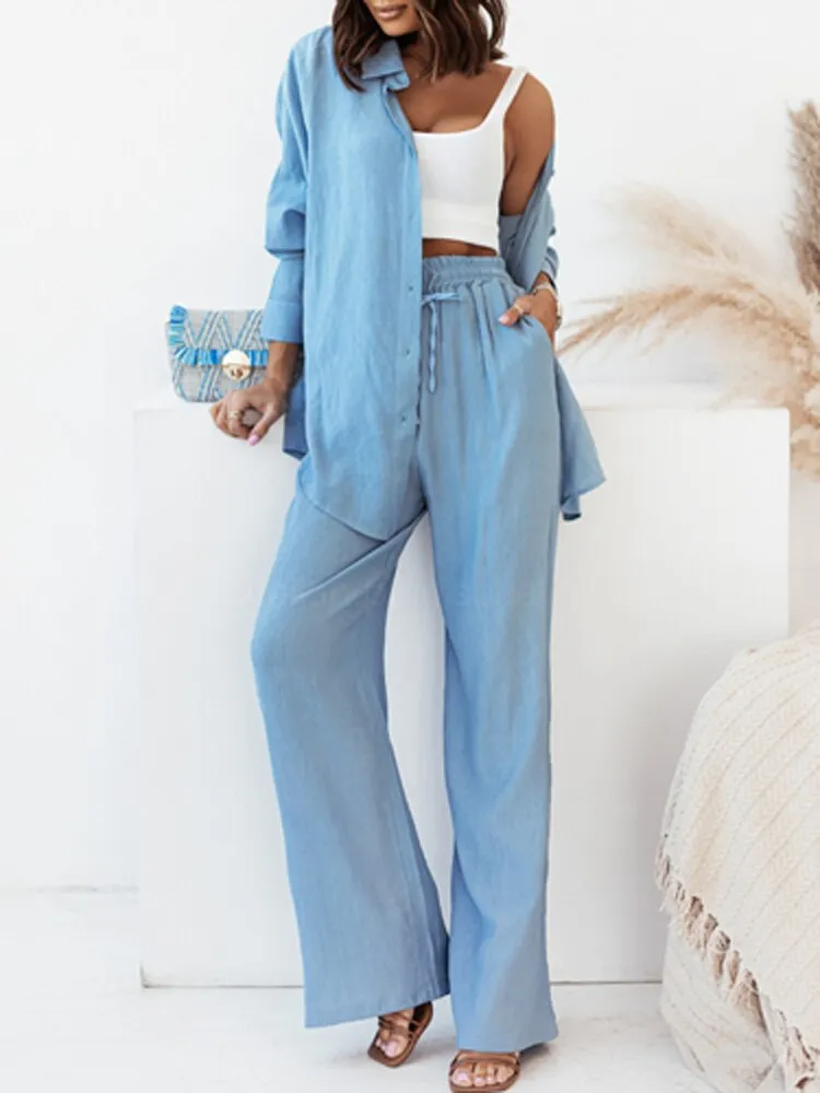 2-piece loose long-sleeve blouse and wide-legged trousers set