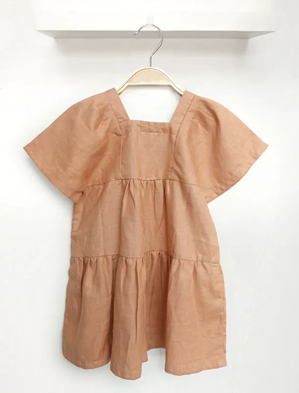 Amber Cotton Linen Puff Flutter Sleeves Girl Dress