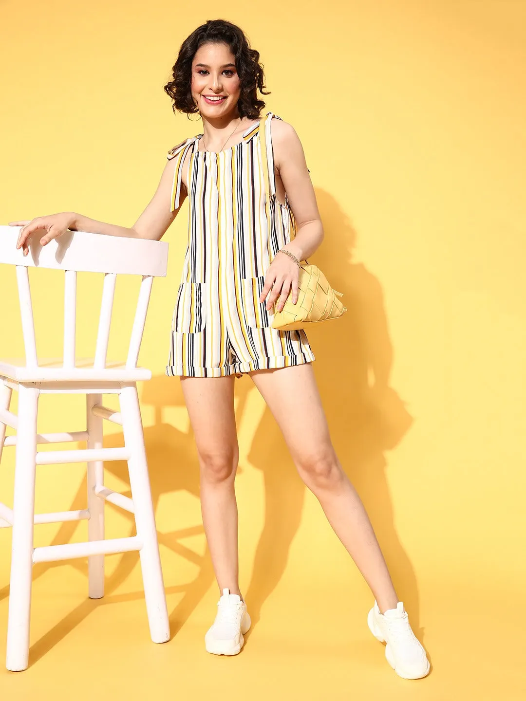 Berrylush Women Cream, Yellow, & Black Stripe Printed Square Neck Tie-Up Strap Mini Playsuit