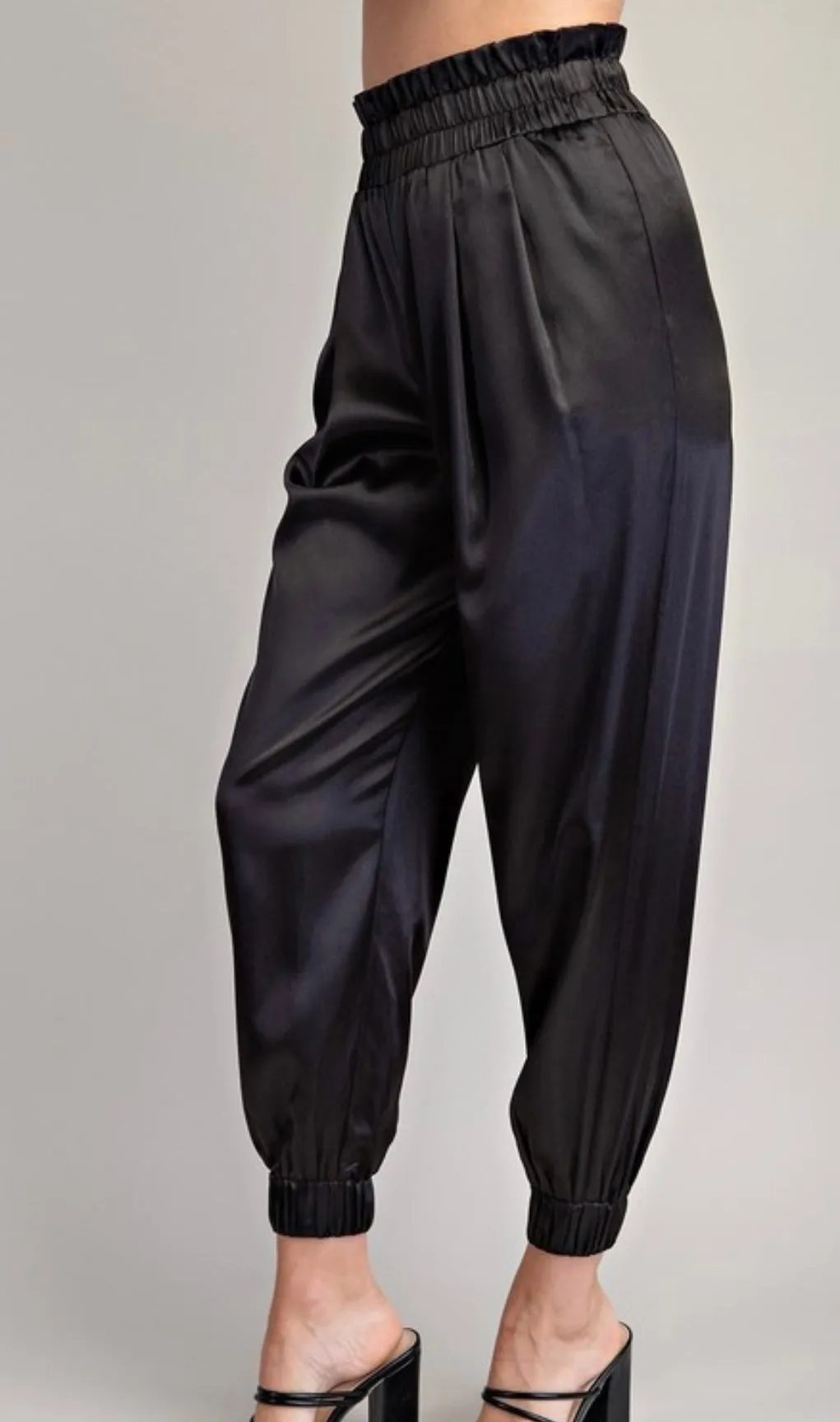 Black satin joggers