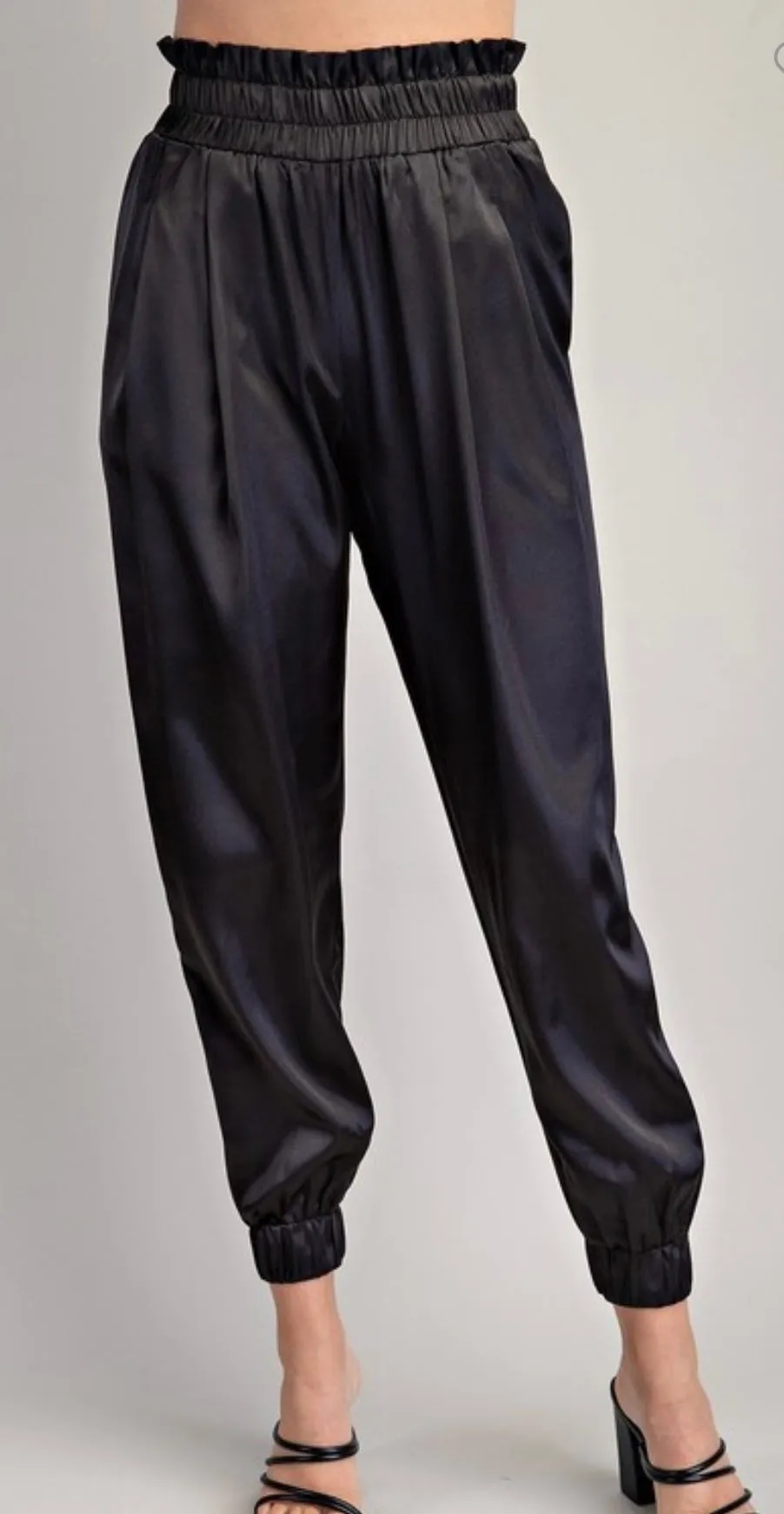 Black satin joggers
