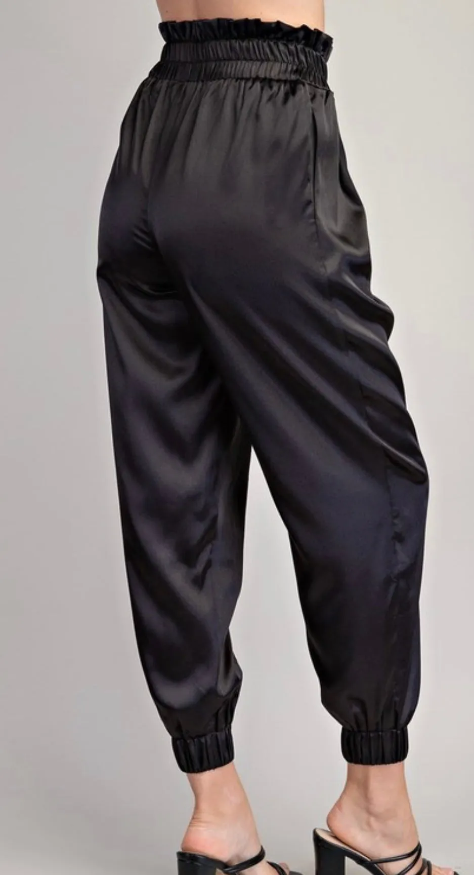 Black satin joggers