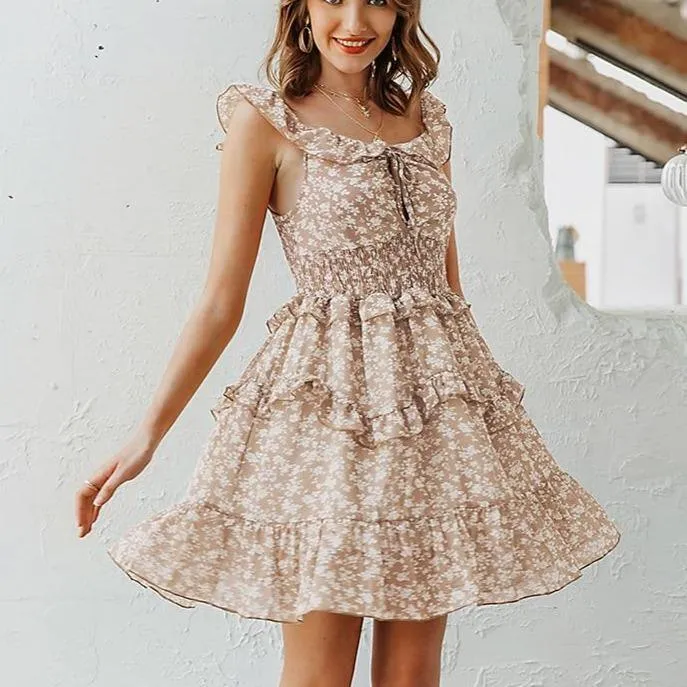 Boho Floral Print High-Waist Sleeveless Ruffled Sundress