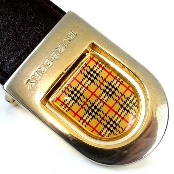 Burberry Brown Leather Belt with a Nova Check Plaid Enamel Buckle