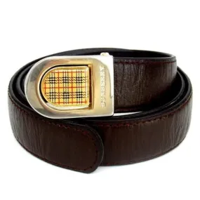 Burberry Brown Leather Belt with a Nova Check Plaid Enamel Buckle