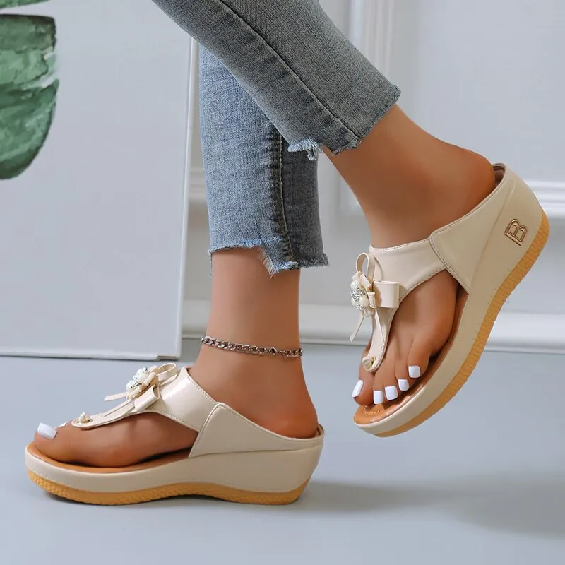 Cuzcare Orthopedic Sandals Women Vintage Flower Rhinestones Flip-flops Extra Comfy Summer Anti-slip Soles