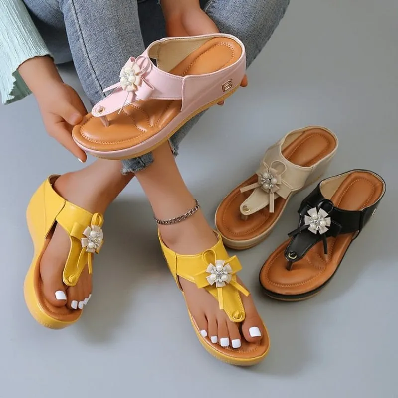 Cuzcare Orthopedic Sandals Women Vintage Flower Rhinestones Flip-flops Extra Comfy Summer Anti-slip Soles