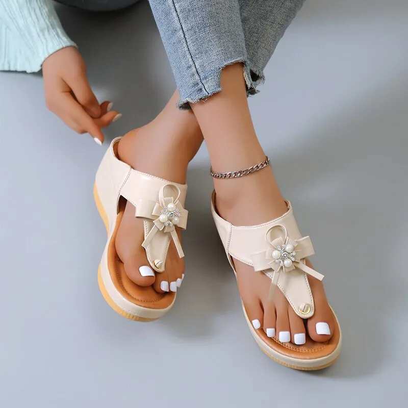 Cuzcare Orthopedic Sandals Women Vintage Flower Rhinestones Flip-flops Extra Comfy Summer Anti-slip Soles