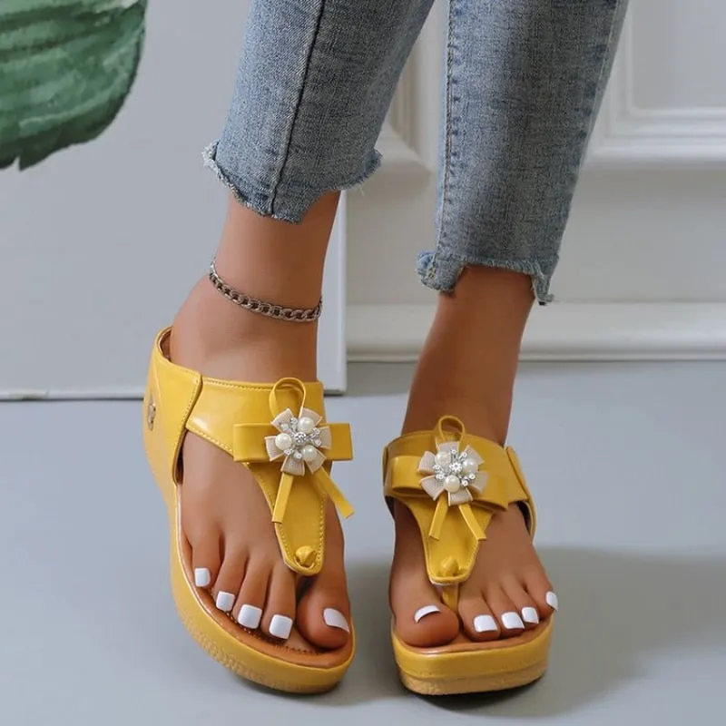 Cuzcare Orthopedic Sandals Women Vintage Flower Rhinestones Flip-flops Extra Comfy Summer Anti-slip Soles