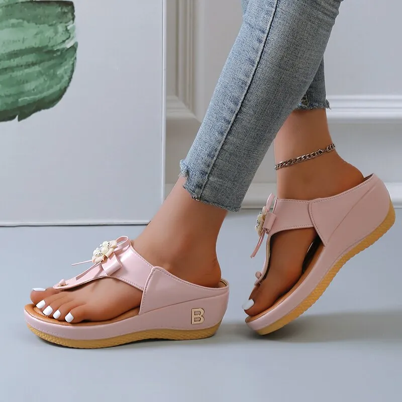 Cuzcare Orthopedic Sandals Women Vintage Flower Rhinestones Flip-flops Extra Comfy Summer Anti-slip Soles