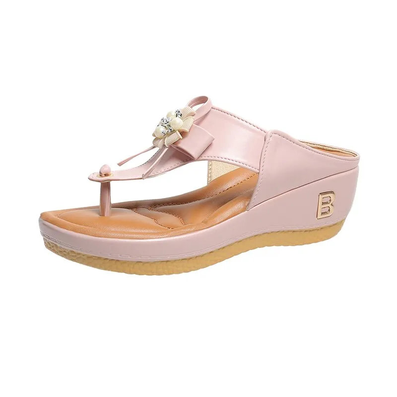 Cuzcare Orthopedic Sandals Women Vintage Flower Rhinestones Flip-flops Extra Comfy Summer Anti-slip Soles