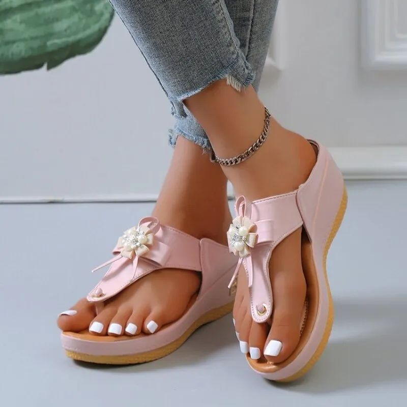Cuzcare Orthopedic Sandals Women Vintage Flower Rhinestones Flip-flops Extra Comfy Summer Anti-slip Soles
