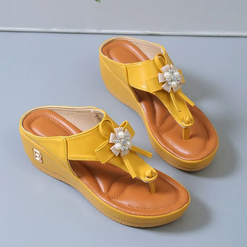 Cuzcare Orthopedic Sandals Women Vintage Flower Rhinestones Flip-flops Extra Comfy Summer Anti-slip Soles