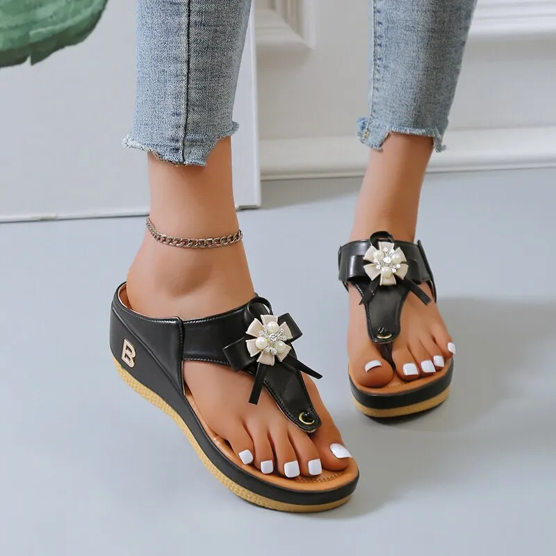Cuzcare Orthopedic Sandals Women Vintage Flower Rhinestones Flip-flops Extra Comfy Summer Anti-slip Soles