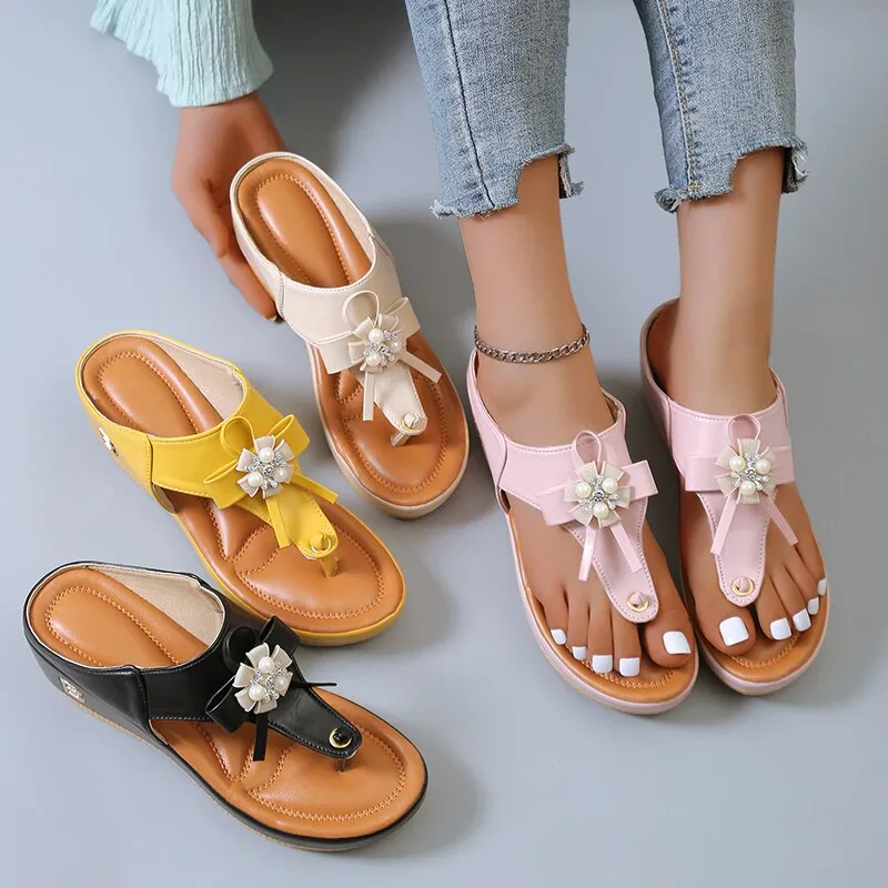 Cuzcare Orthopedic Sandals Women Vintage Flower Rhinestones Flip-flops Extra Comfy Summer Anti-slip Soles