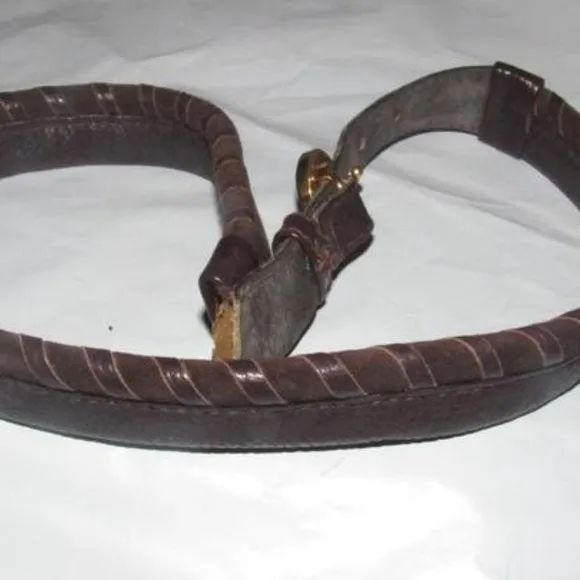 Early, vintage, Gucci, brown whip-stitched, leather belt with a round, gold & enamel buckle