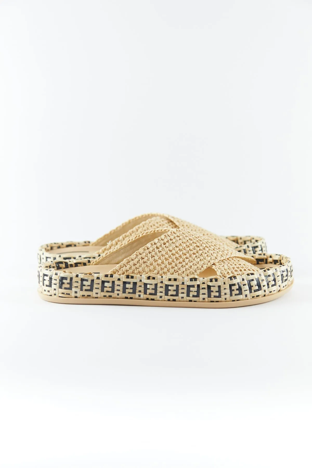 Fendi Raffia Reflections Slides Beige
