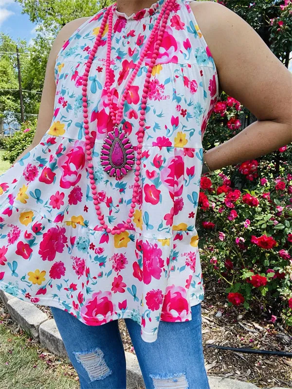 GJQ14217 Fuchsia floral multi color printed baby doll women tank tops (AS13)