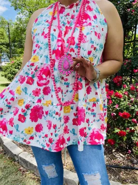 GJQ14217 Fuchsia floral multi color printed baby doll women tank tops (AS13)