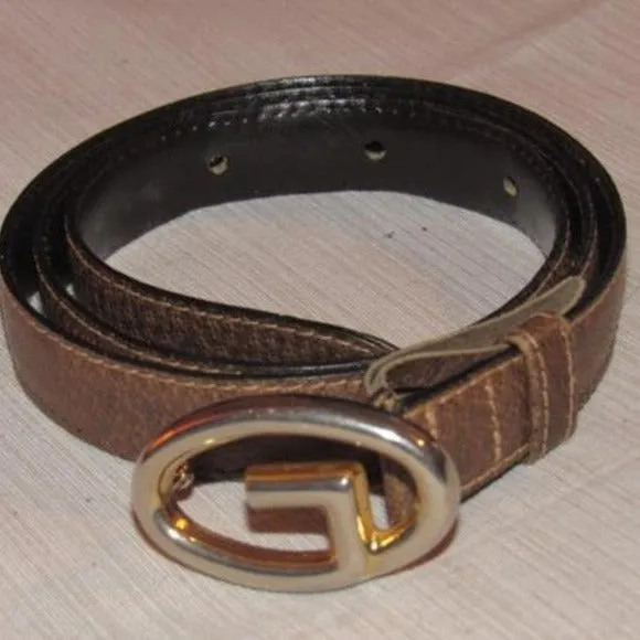 Gucci Vintage Brown Leather Belt w Gold GG Logo Buckle