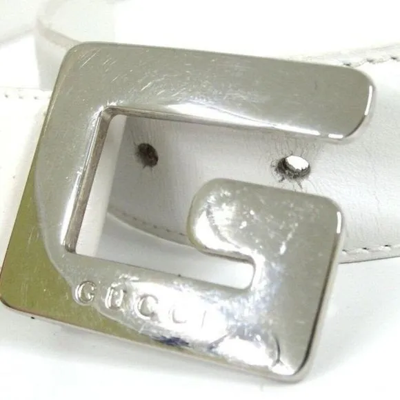 GUCCI White Leather Belt w Chrome Square G Buckle
