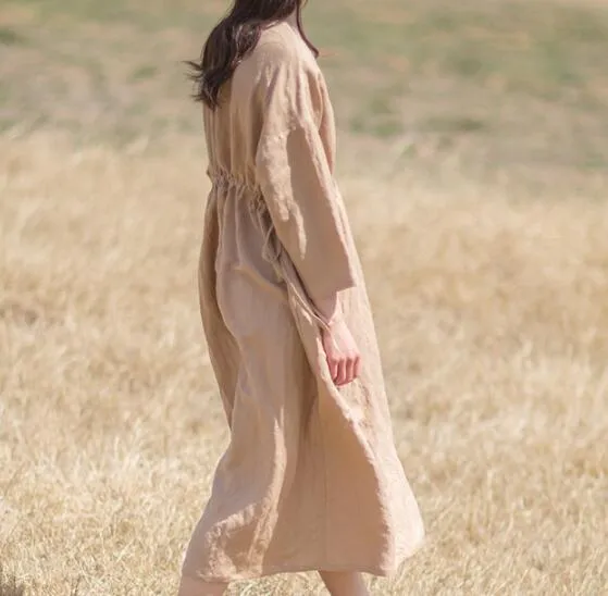 Khaki Women Summer Linen Dresses Long Sleeves Waist Belt Women Dresses 87950