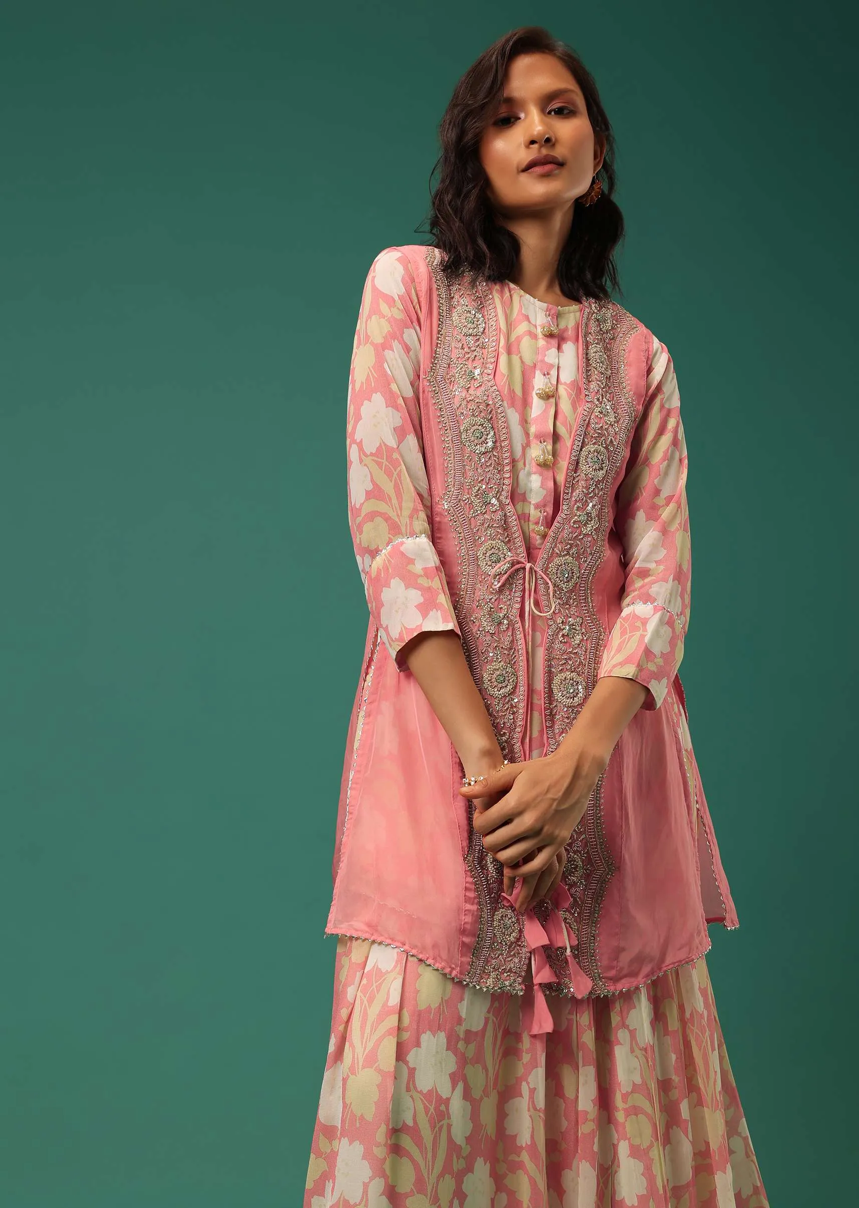 Peach Floral Printed Kurti Palazzo Set In Georgette With Embroidered Organza Shrug