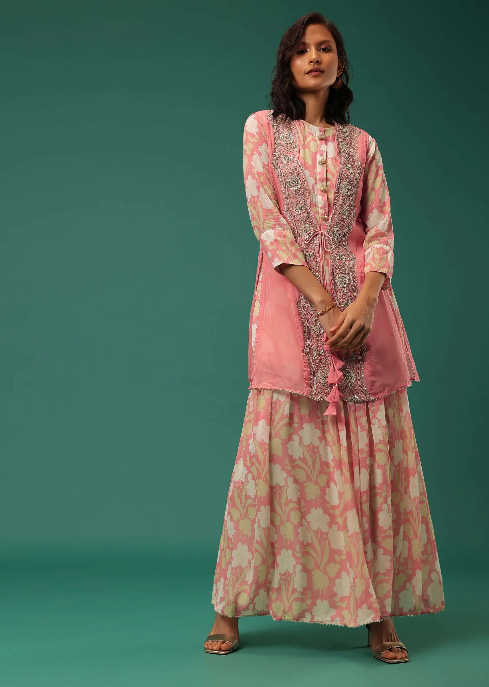 Peach Floral Printed Kurti Palazzo Set In Georgette With Embroidered Organza Shrug