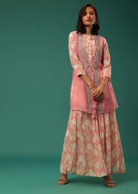 Peach Floral Printed Kurti Palazzo Set In Georgette With Embroidered Organza Shrug