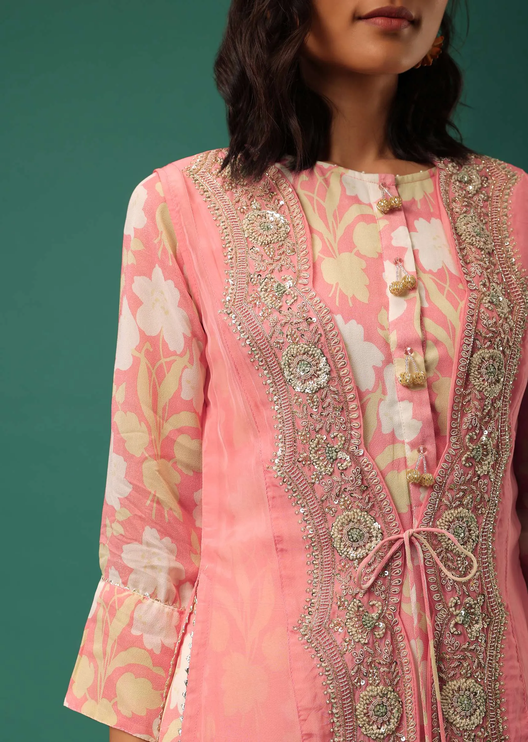 Peach Floral Printed Kurti Palazzo Set In Georgette With Embroidered Organza Shrug