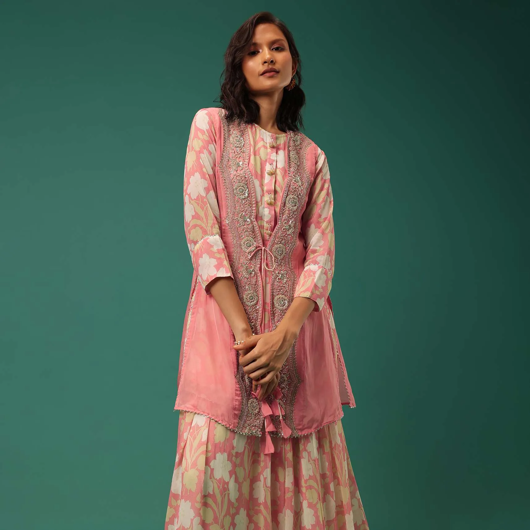 Peach Floral Printed Kurti Palazzo Set In Georgette With Embroidered Organza Shrug