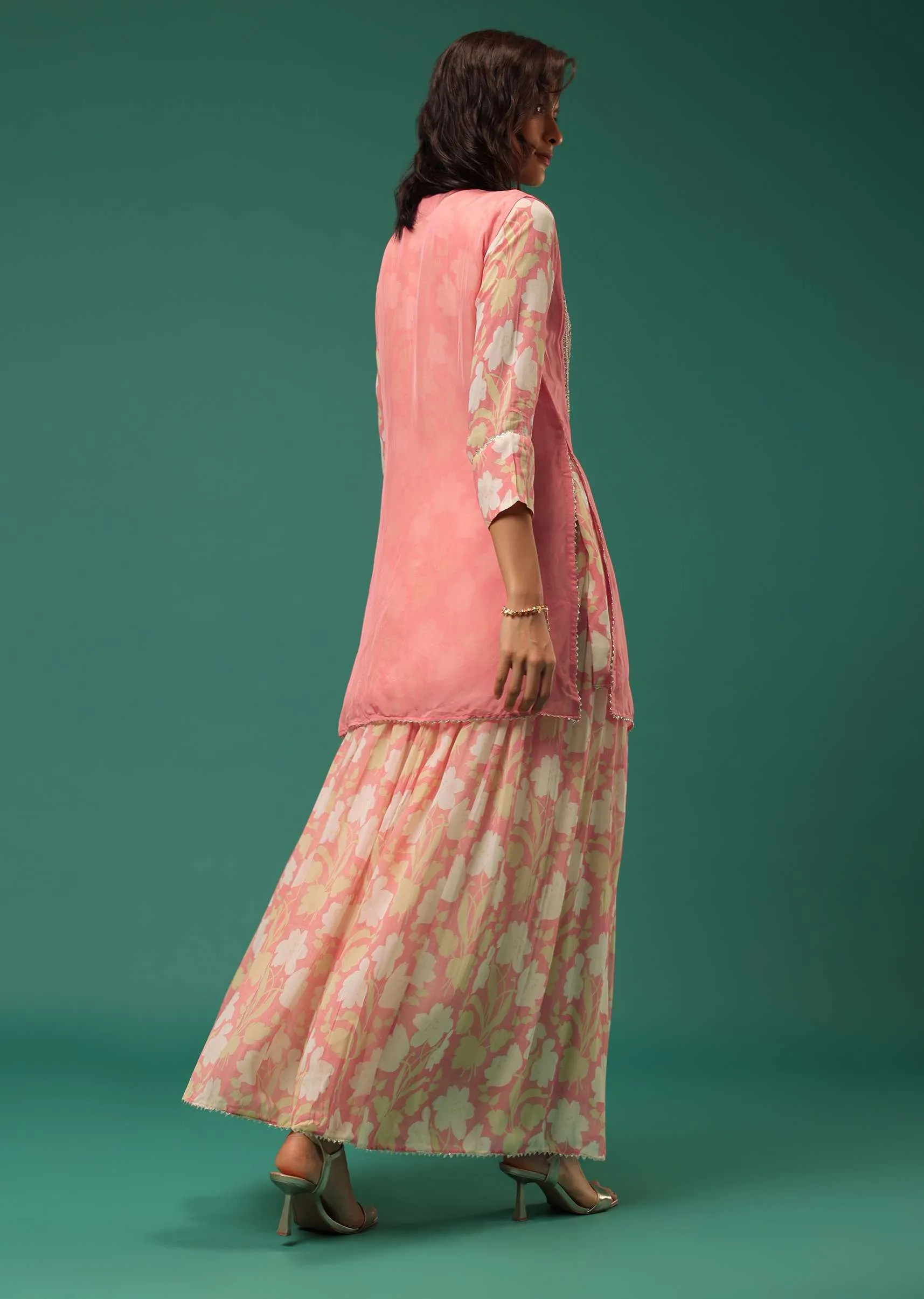 Peach Floral Printed Kurti Palazzo Set In Georgette With Embroidered Organza Shrug