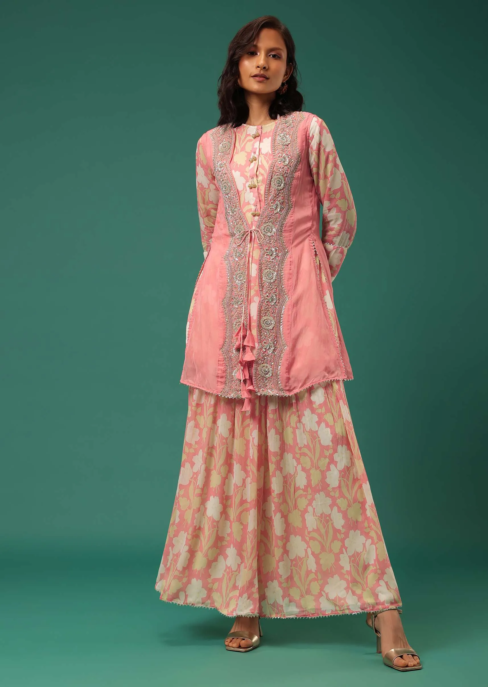 Peach Floral Printed Kurti Palazzo Set In Georgette With Embroidered Organza Shrug