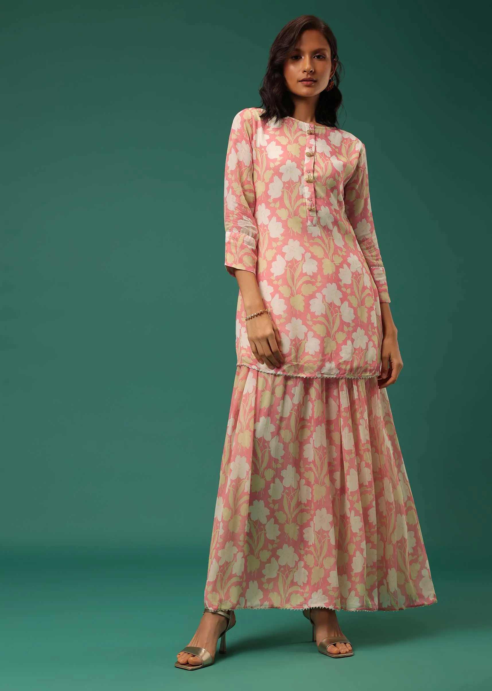 Peach Floral Printed Kurti Palazzo Set In Georgette With Embroidered Organza Shrug