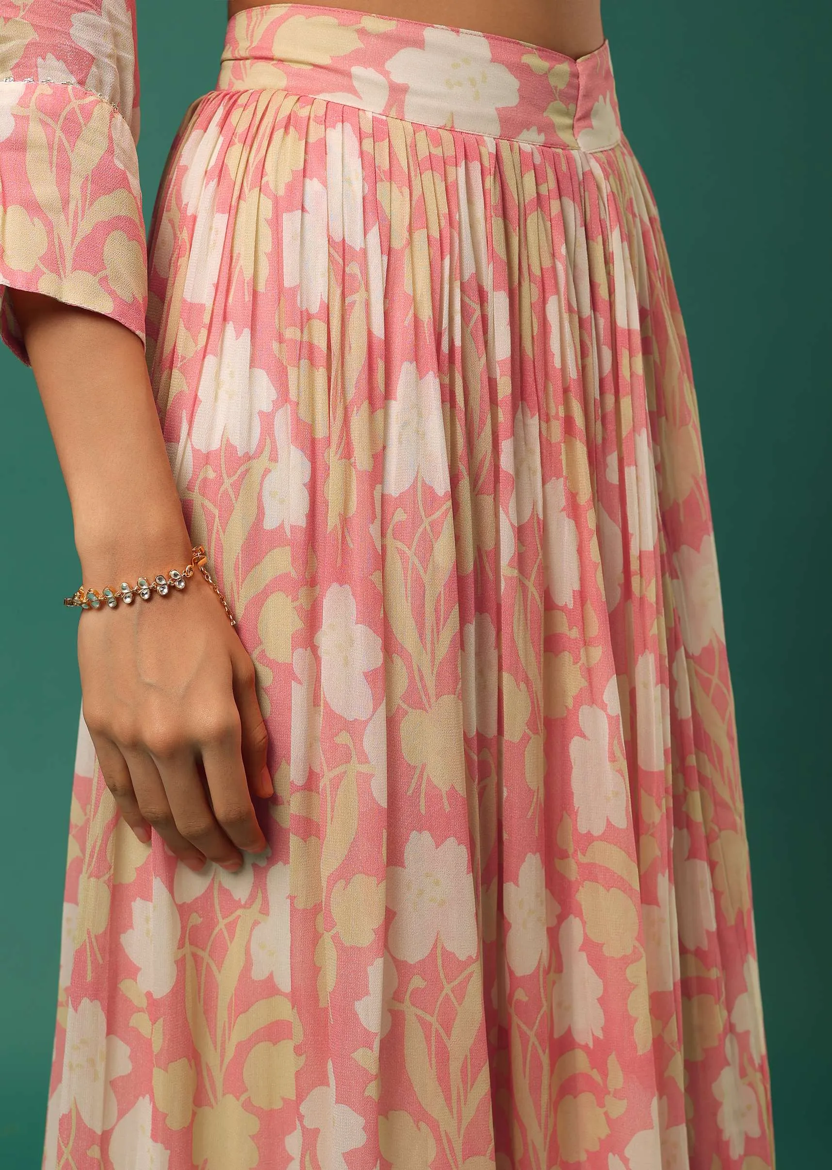 Peach Floral Printed Kurti Palazzo Set In Georgette With Embroidered Organza Shrug