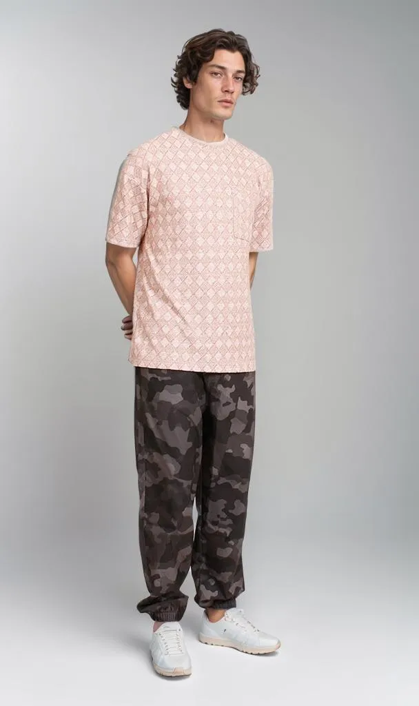 R206739 - Jacquard Patterned Oversized T-Shirt - Beige