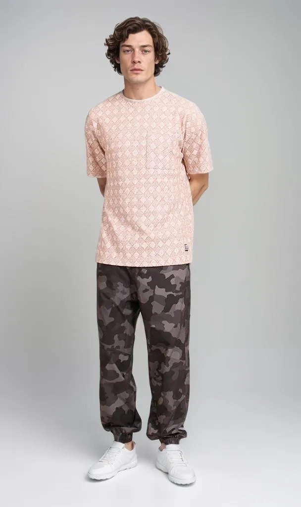 R206739 - Jacquard Patterned Oversized T-Shirt - Beige