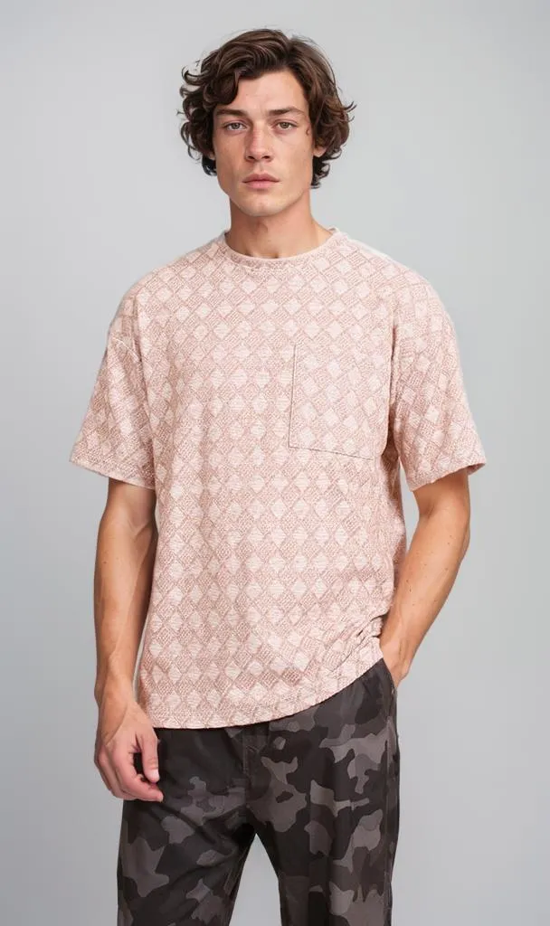 R206739 - Jacquard Patterned Oversized T-Shirt - Beige