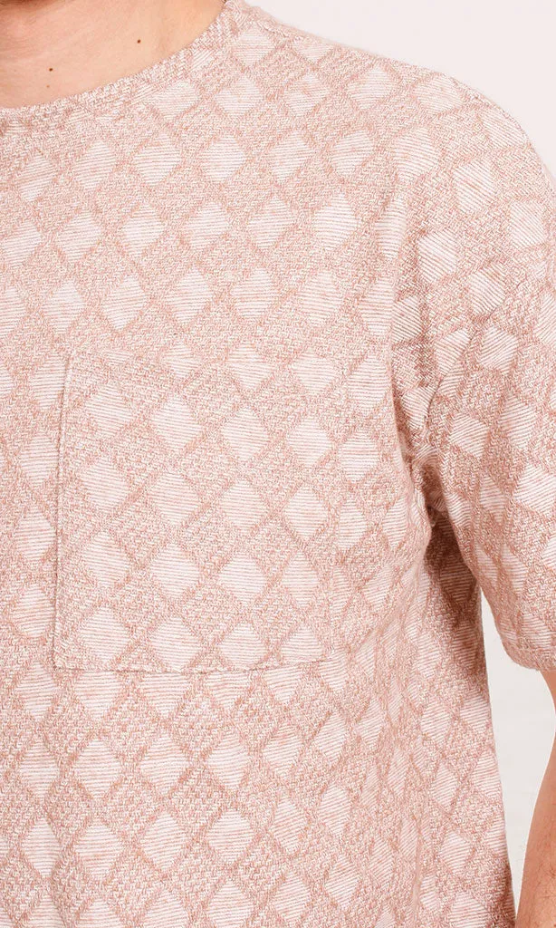 R206739 - Jacquard Patterned Oversized T-Shirt - Beige