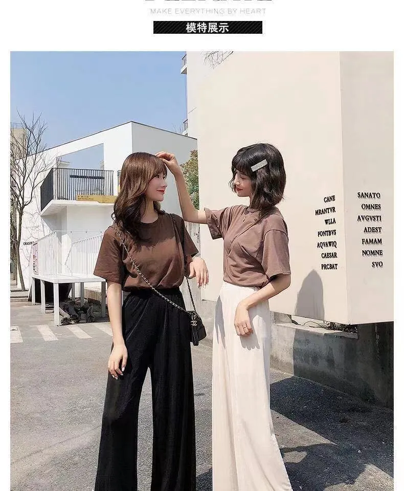 Silk Women Korean Floor Length Slim-Look Loose Drape High Waist Casual Wide Leg Pants