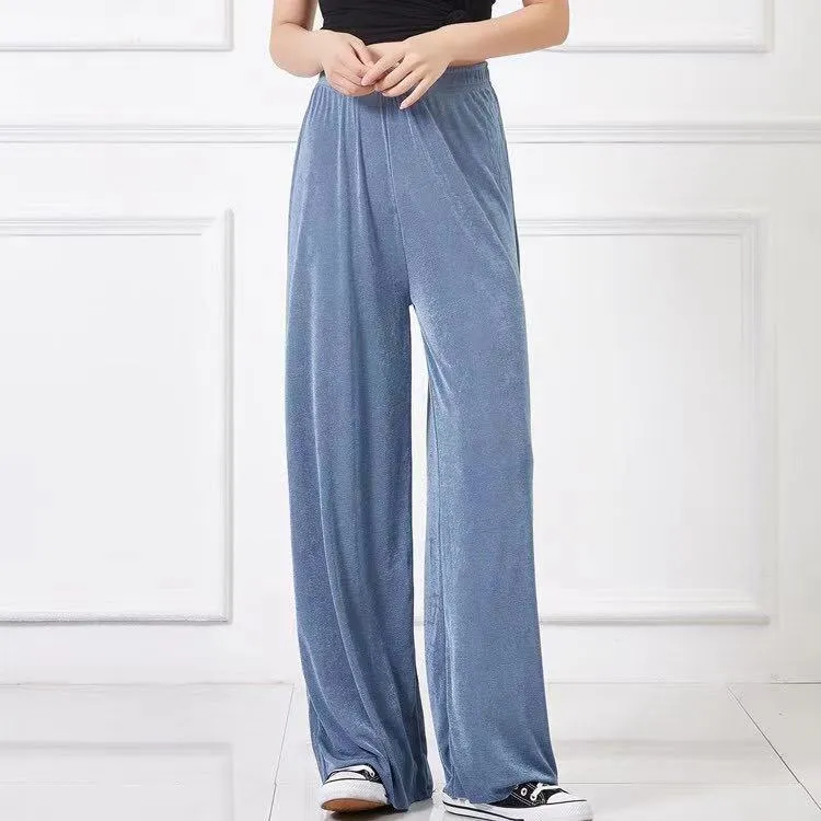 Silk Women Korean Floor Length Slim-Look Loose Drape High Waist Casual Wide Leg Pants