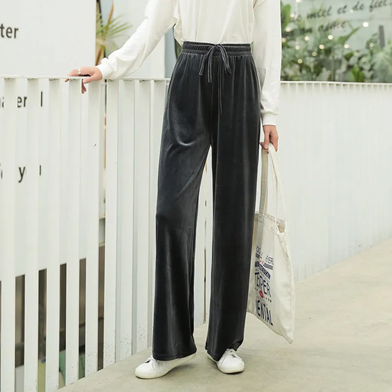 Thick Wide Leg Women High Waist Stretchable Loose Slim-Look Korean Straight Long Pants