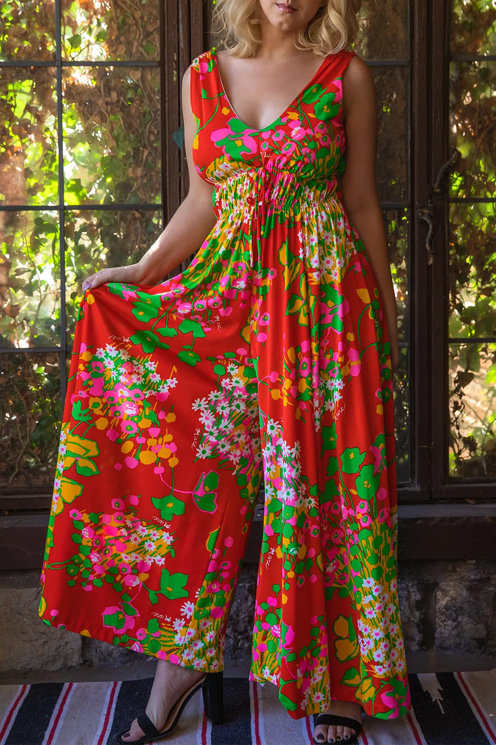 Vintage 1970s Bright Floral Palazzo Leg Jumpsuit - MD/LG