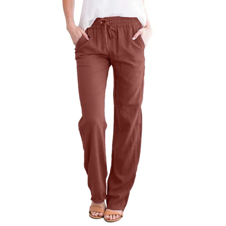 Women Solid Colored Cotton Blend Loose Drawstring Wide Leg Casual Long Pants