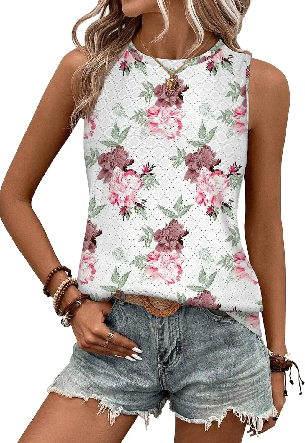 Zeagoo Sleeveless Eyelet Shirts High Neck Top