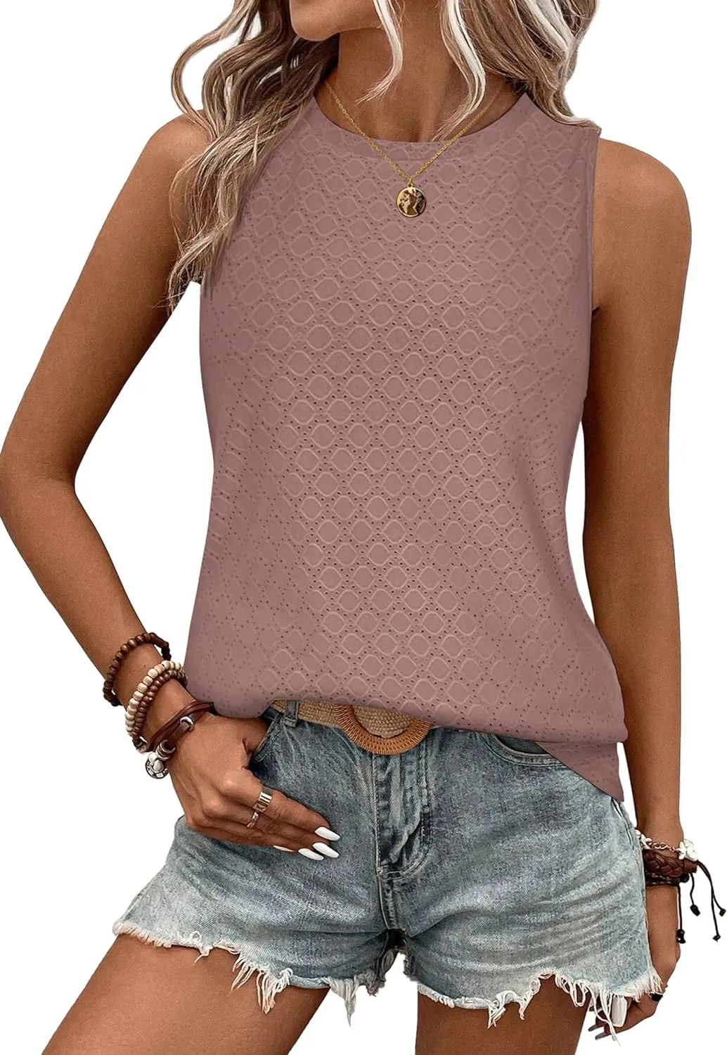 Zeagoo Sleeveless Eyelet Shirts High Neck Top