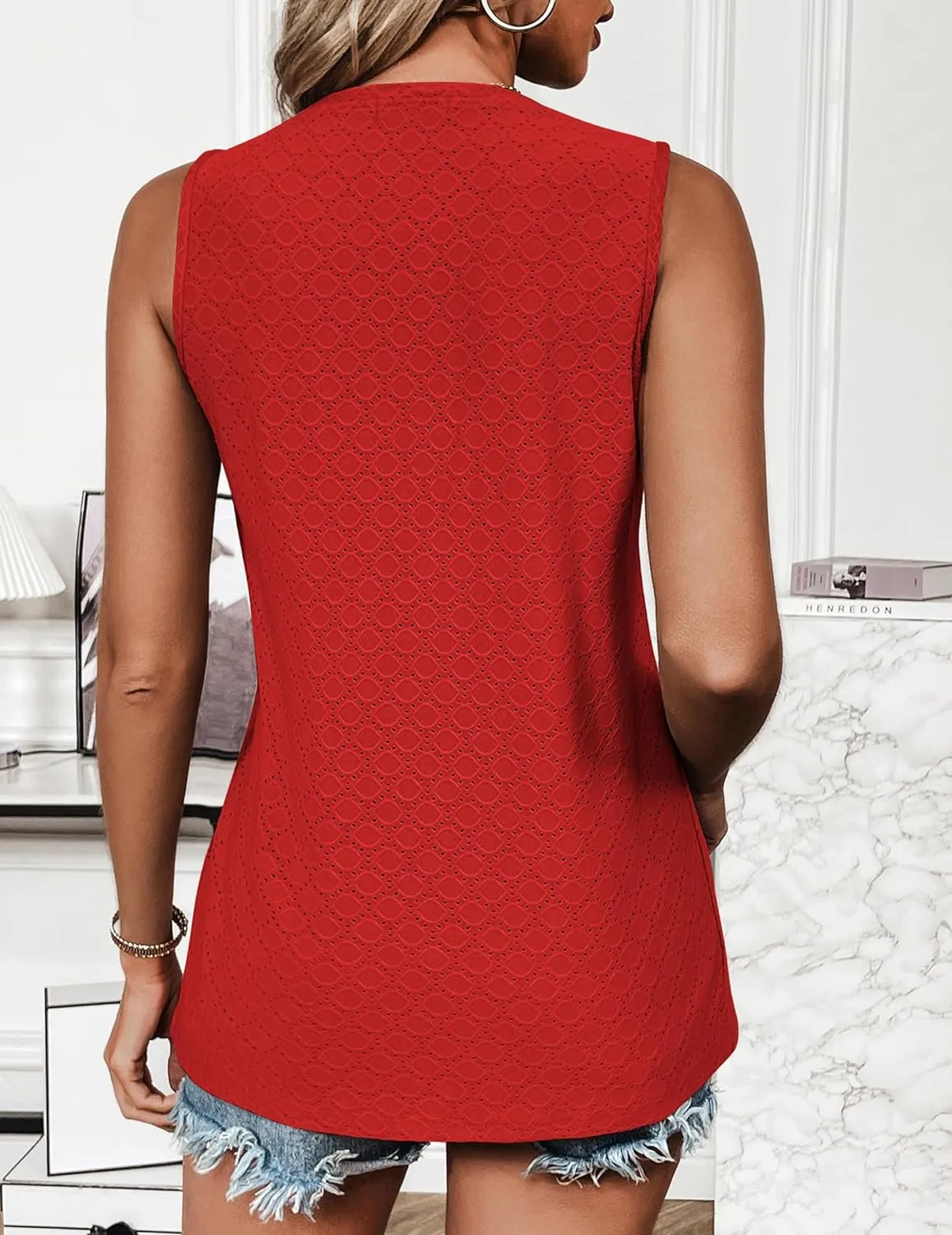 Zeagoo Sleeveless Eyelet Shirts High Neck Top