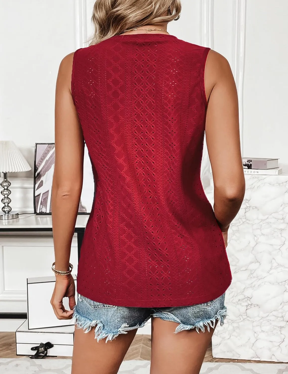 Zeagoo Sleeveless Eyelet Shirts High Neck Top