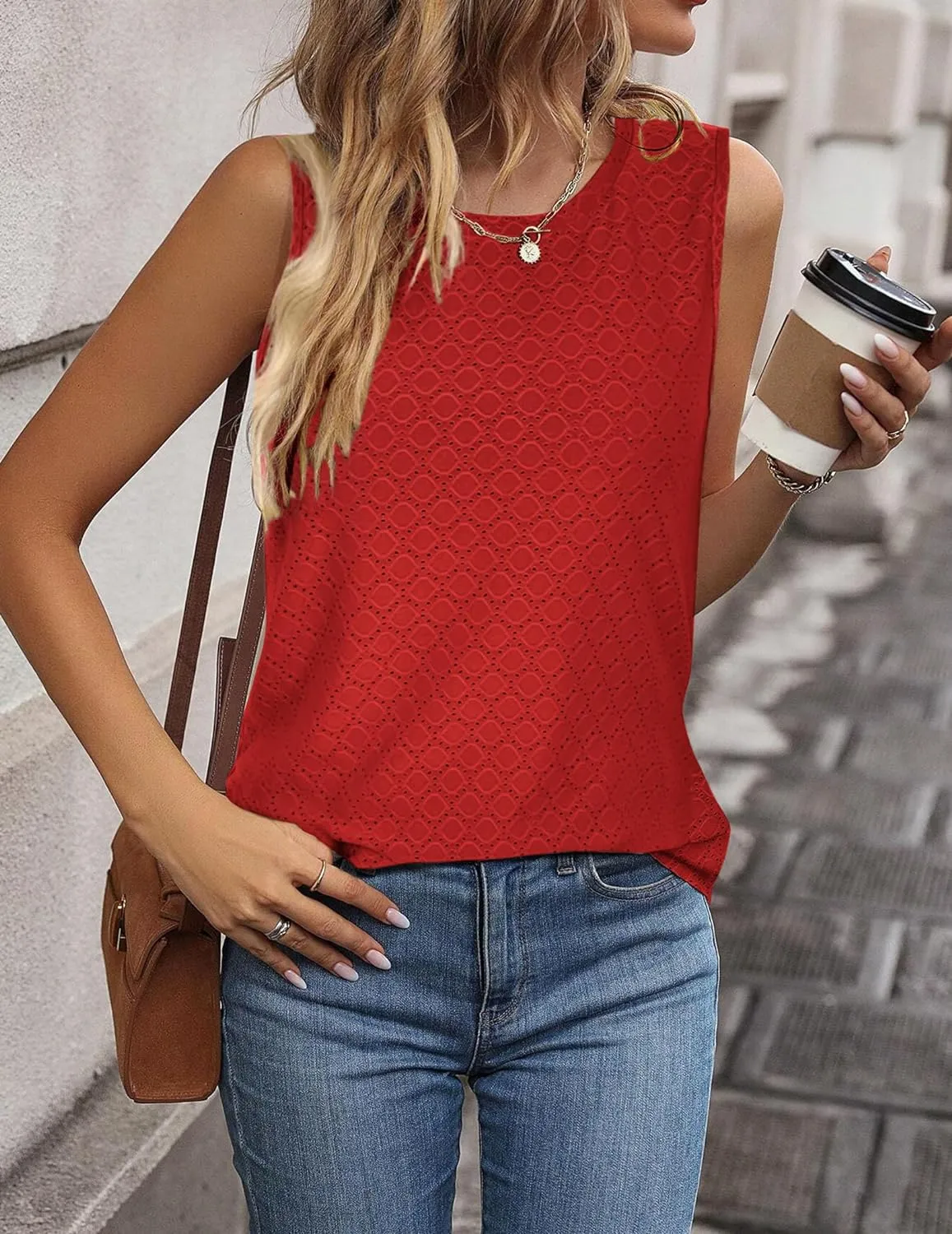 Zeagoo Sleeveless Eyelet Shirts High Neck Top