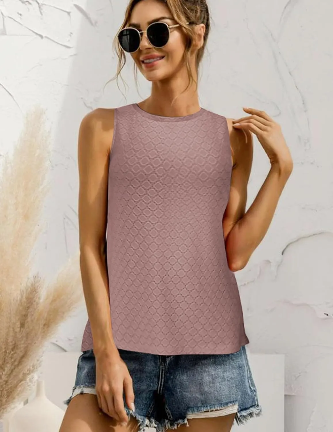 Zeagoo Sleeveless Eyelet Shirts High Neck Top